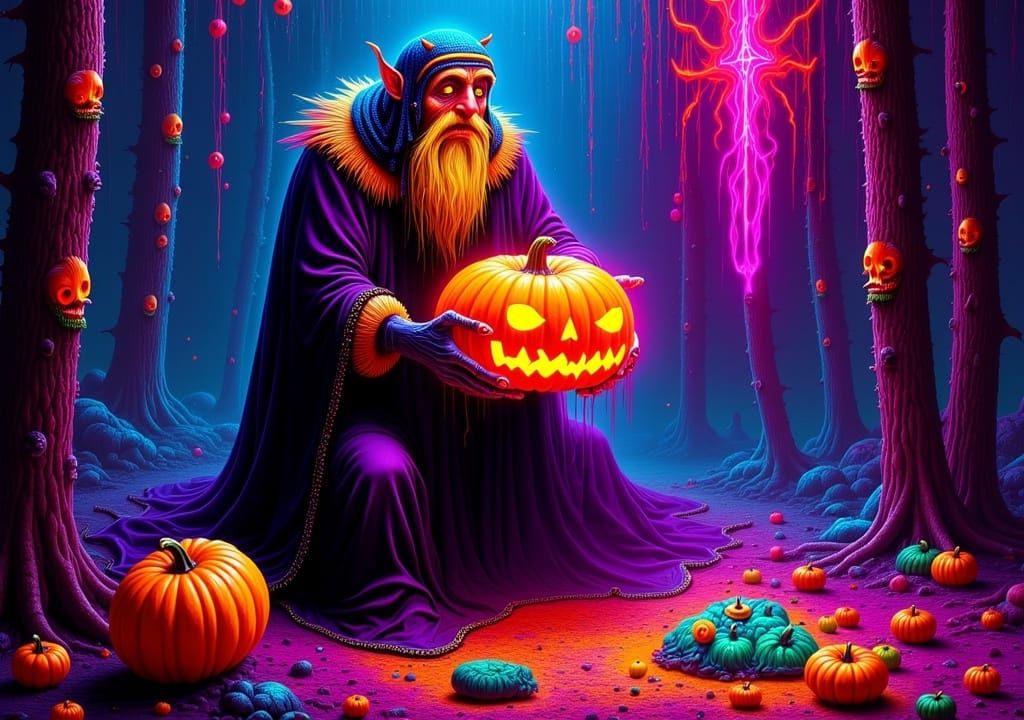 <lora:Rough Neon:1.0> Dr. Seuss's painting "Druid Summoning the Great Pumpkin" folklore horror, by Dr. Seuss, Richard Artschwager,  Rough N...