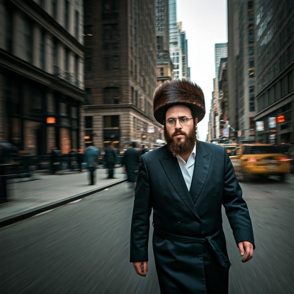 Serious Hasidic Man Walks Through Bustling Manhattan Streets...