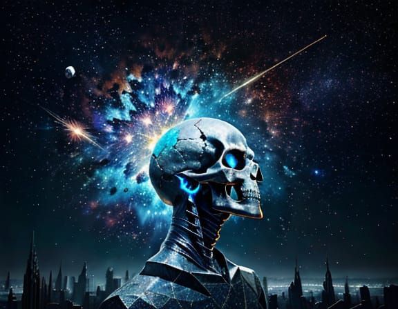 Surreal Explosion of a Skull in a Cosmic Art Deco Scene