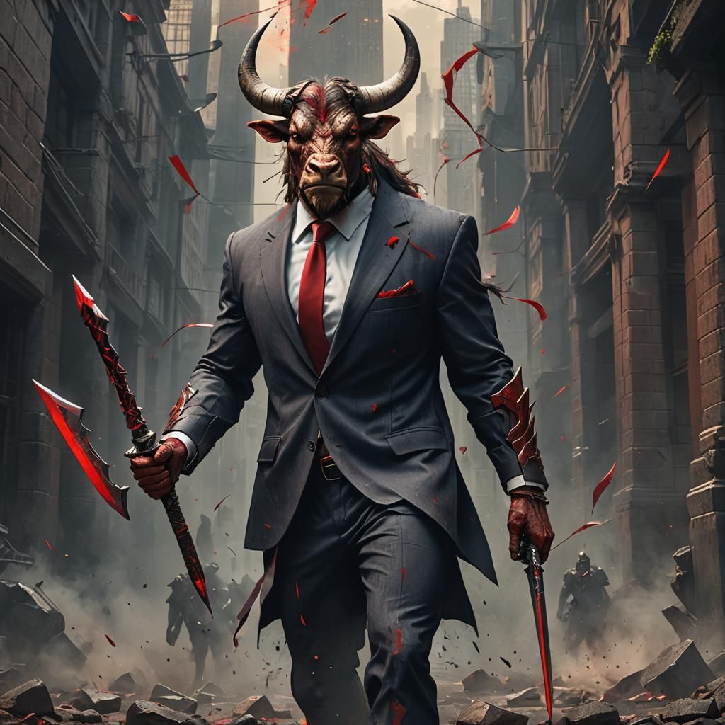 Minotaur in business suit holding a red blade