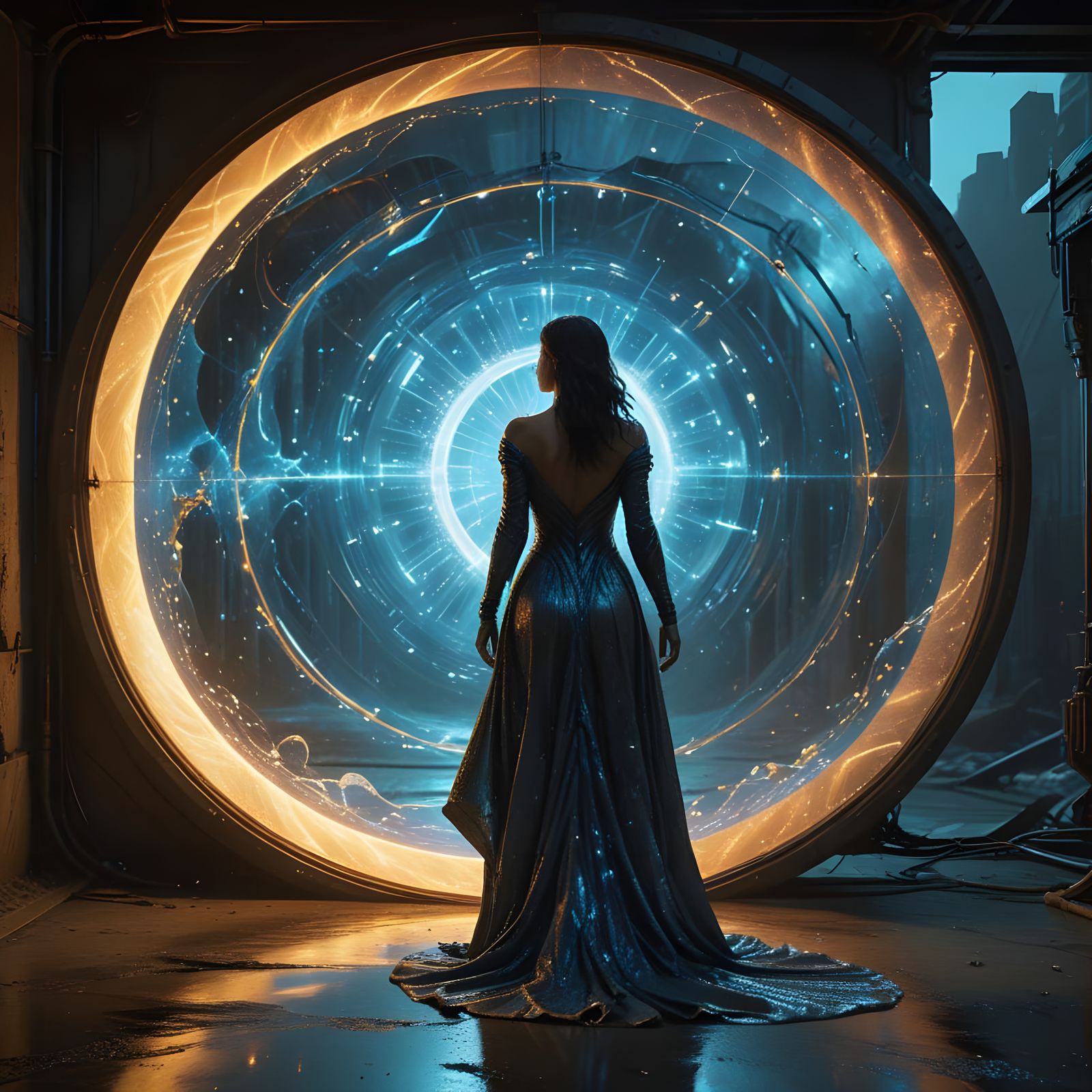 Ethereal Goddess in Iridescent Cloak Before Crystal Portal