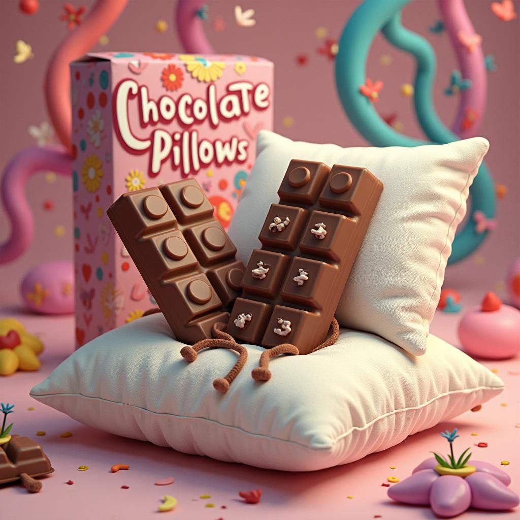 Hillarious Whimsical photo creation of a cartoon cereal package with the words "Chocolate pillows" and anthromorphic Chocolate bars sleeping...