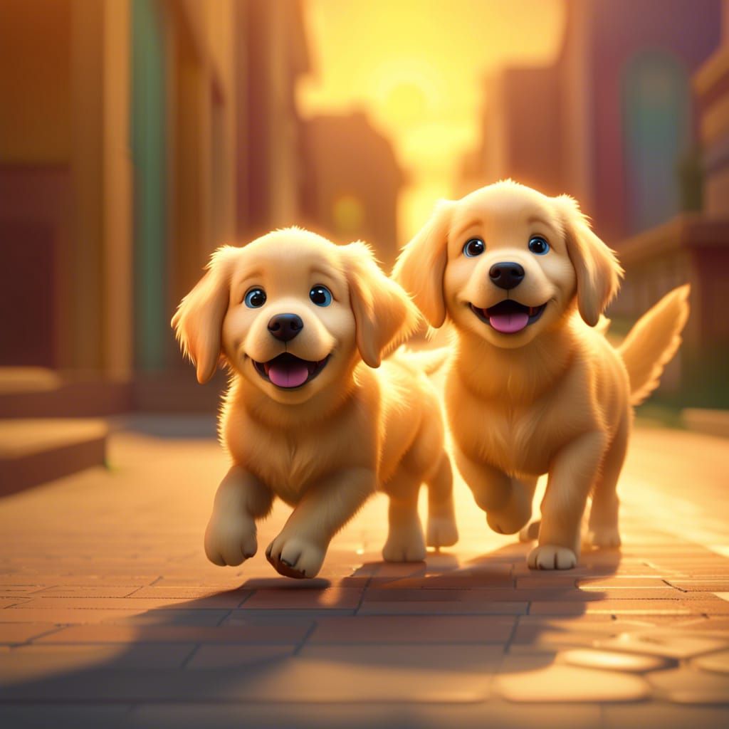 Golden Retriever Puppies Walking: Pixar-Style 3D Art