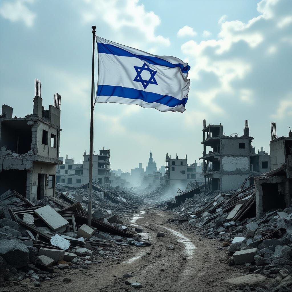 Israeli Flag Waving Over Ruined Gaza Landscape