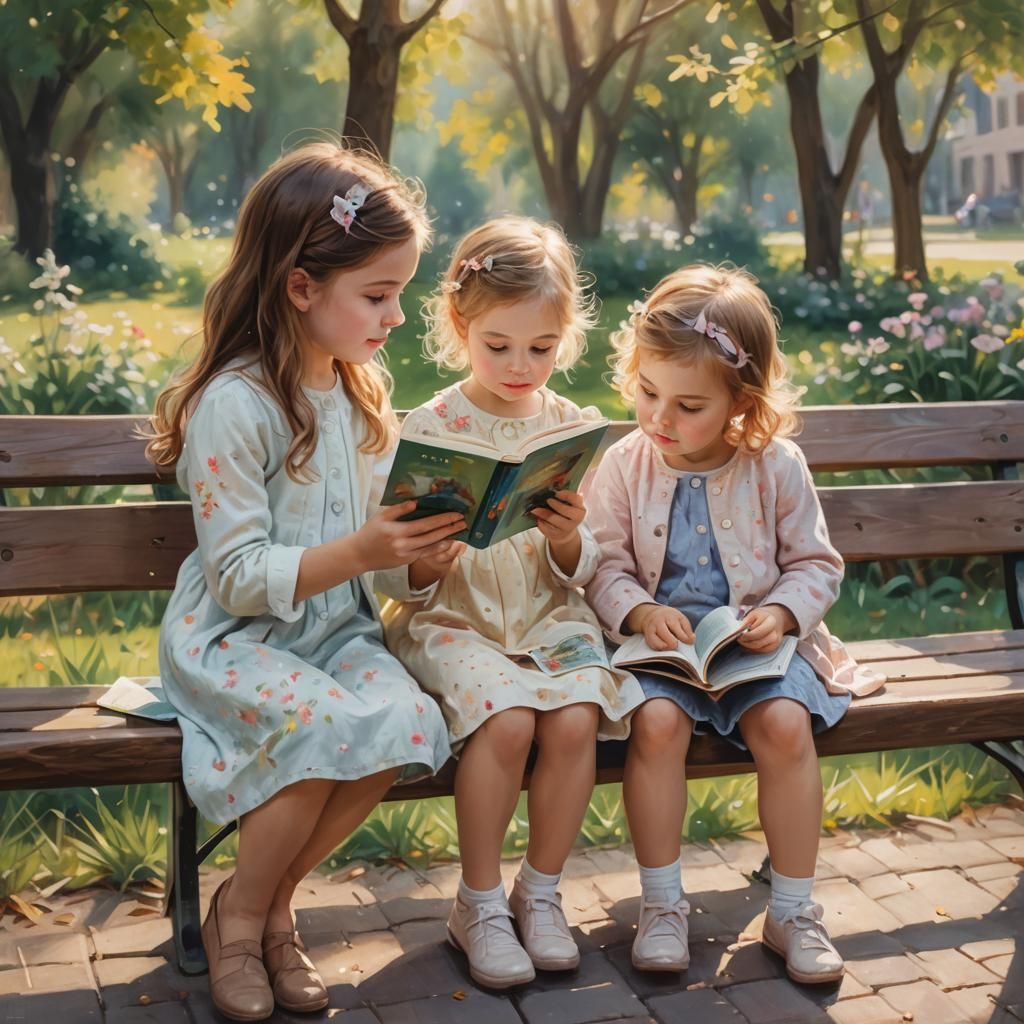 Two Girls Reading Books: Impressionist Portrait