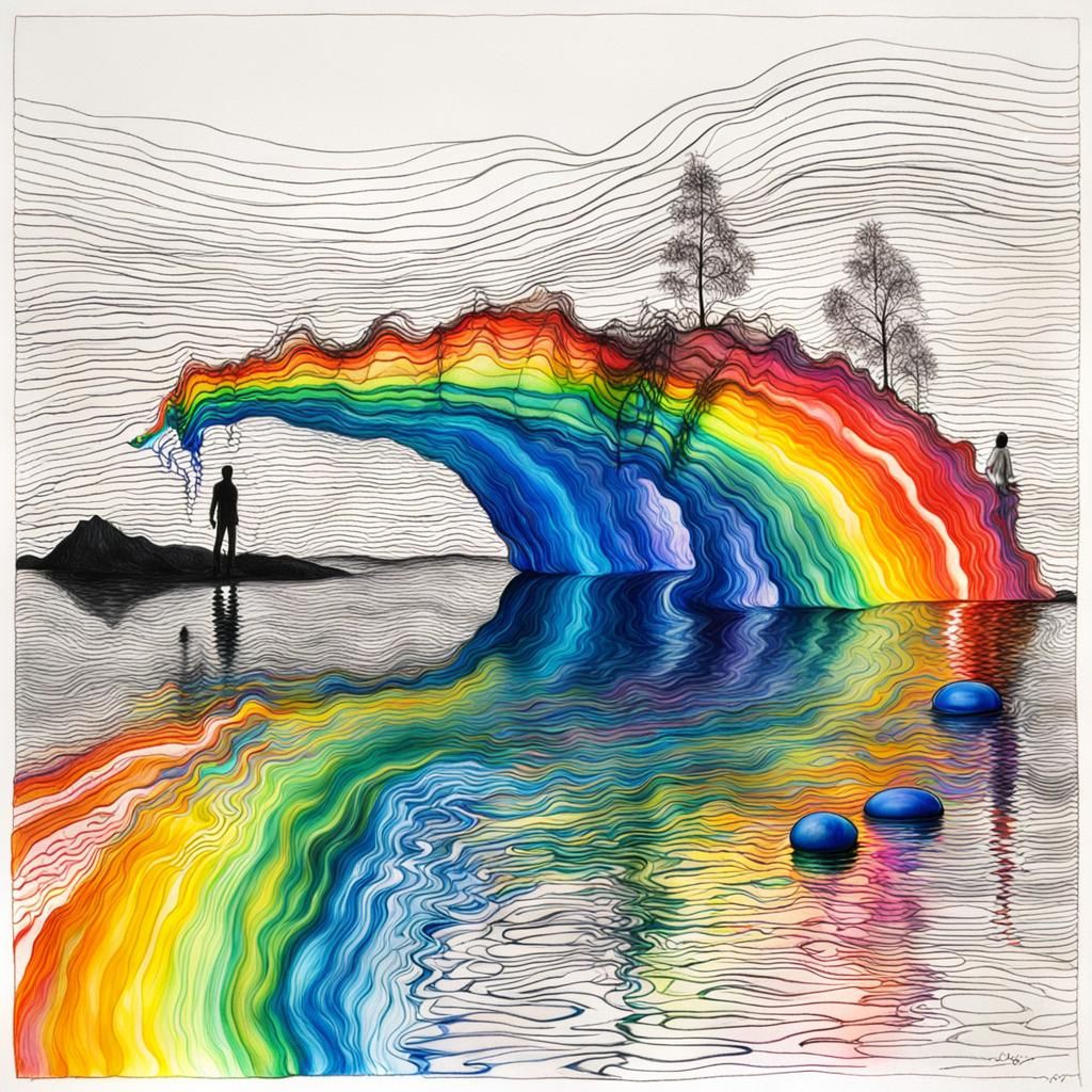 a lake of colorful non-newtonian fluids, vibrations causing the fluid to rise up in a rippled shape of a dreamer, Kids Crayon drawings ,surr...