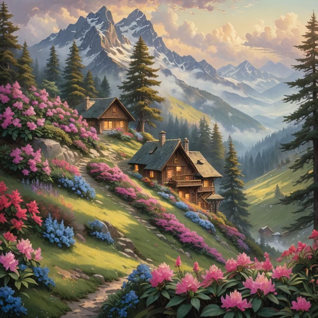 rhododendron and alpine hut