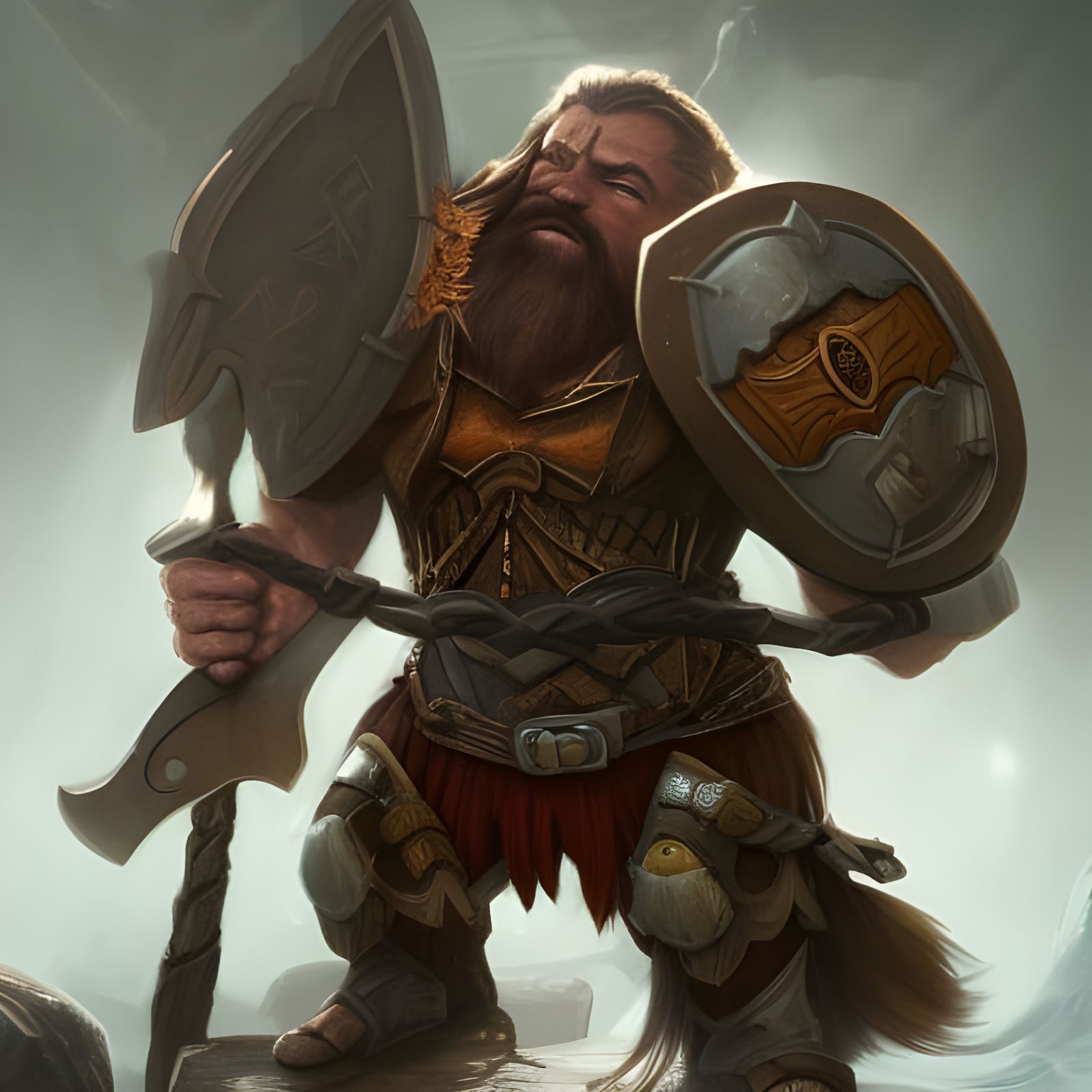 muscular, fantasy dwarf, hammer and shield