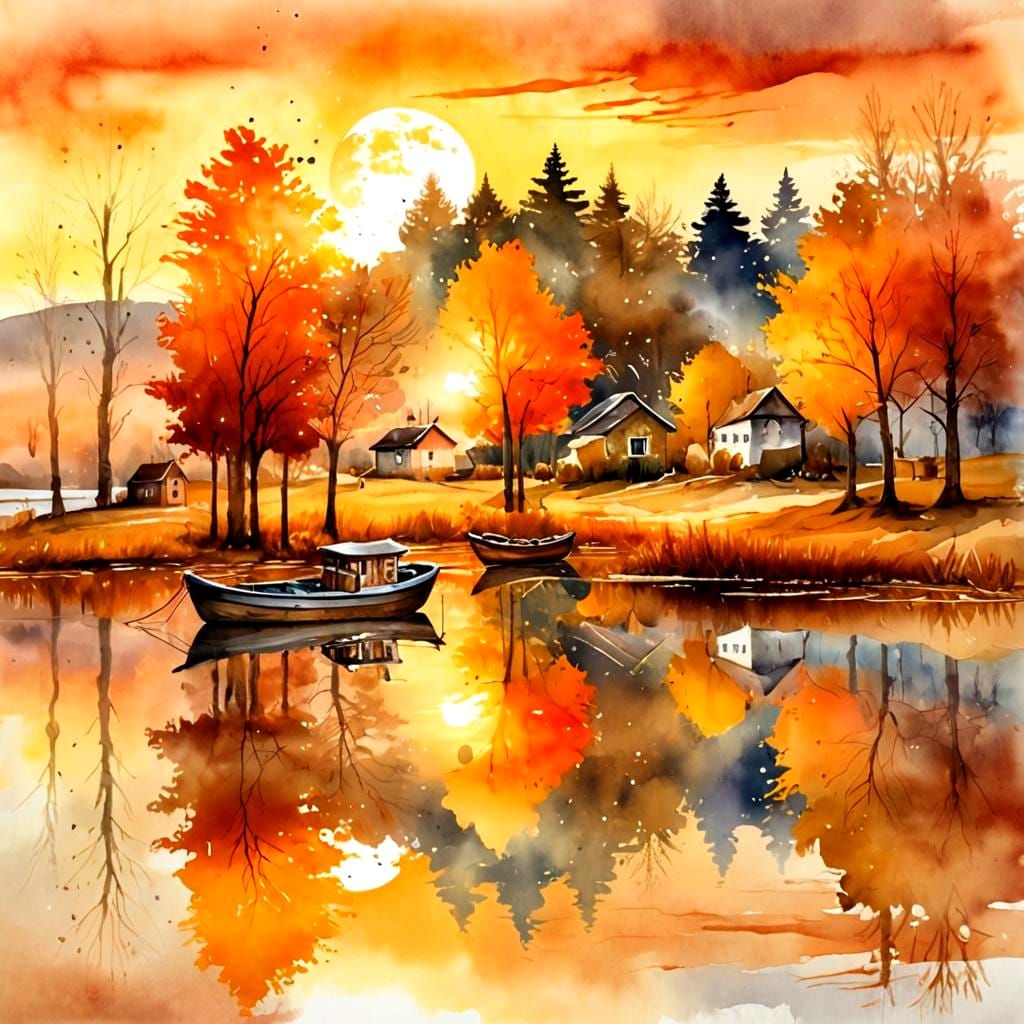 village sunset autumn landscape in gold and orange tones. Watercolor.   by @KarenK