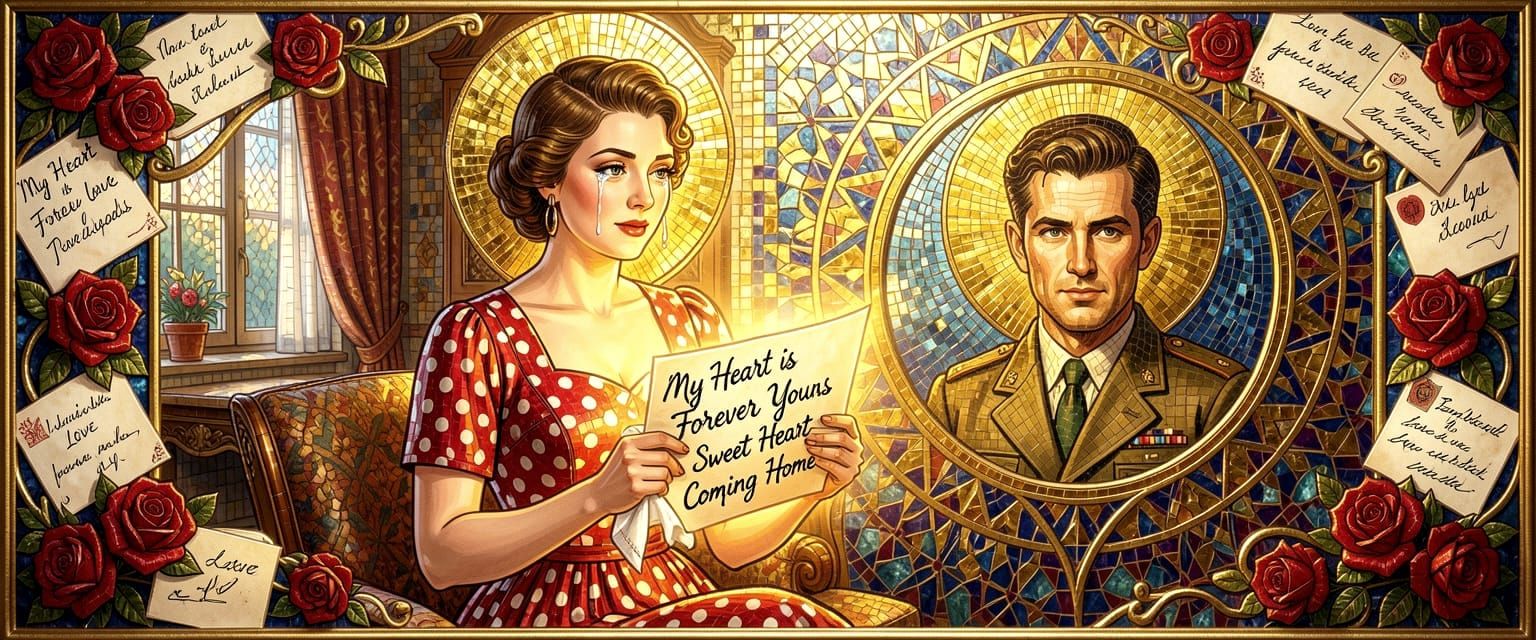 Woman Crying Over Love Letter in Byzantine Mosaic Style