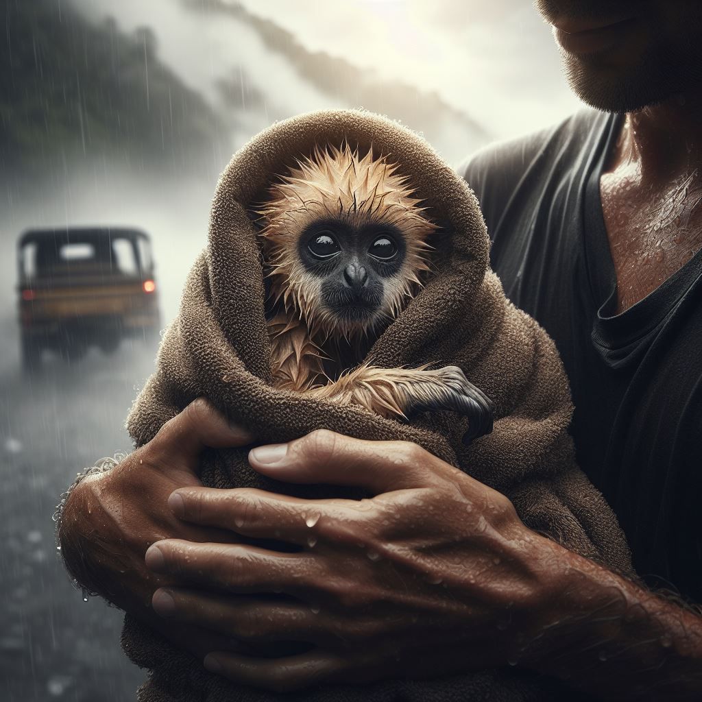 Drying a Gibbon off after the rain