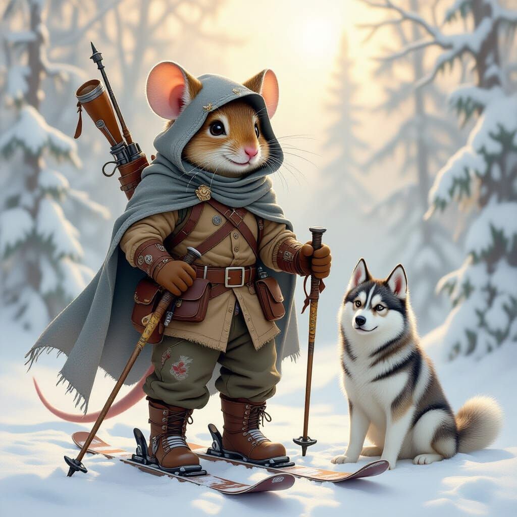 A highly detailed anthropomorphic mouse in shabby clothes, with a grey cape on his back and head, boots on his feet. His arms are covered in...