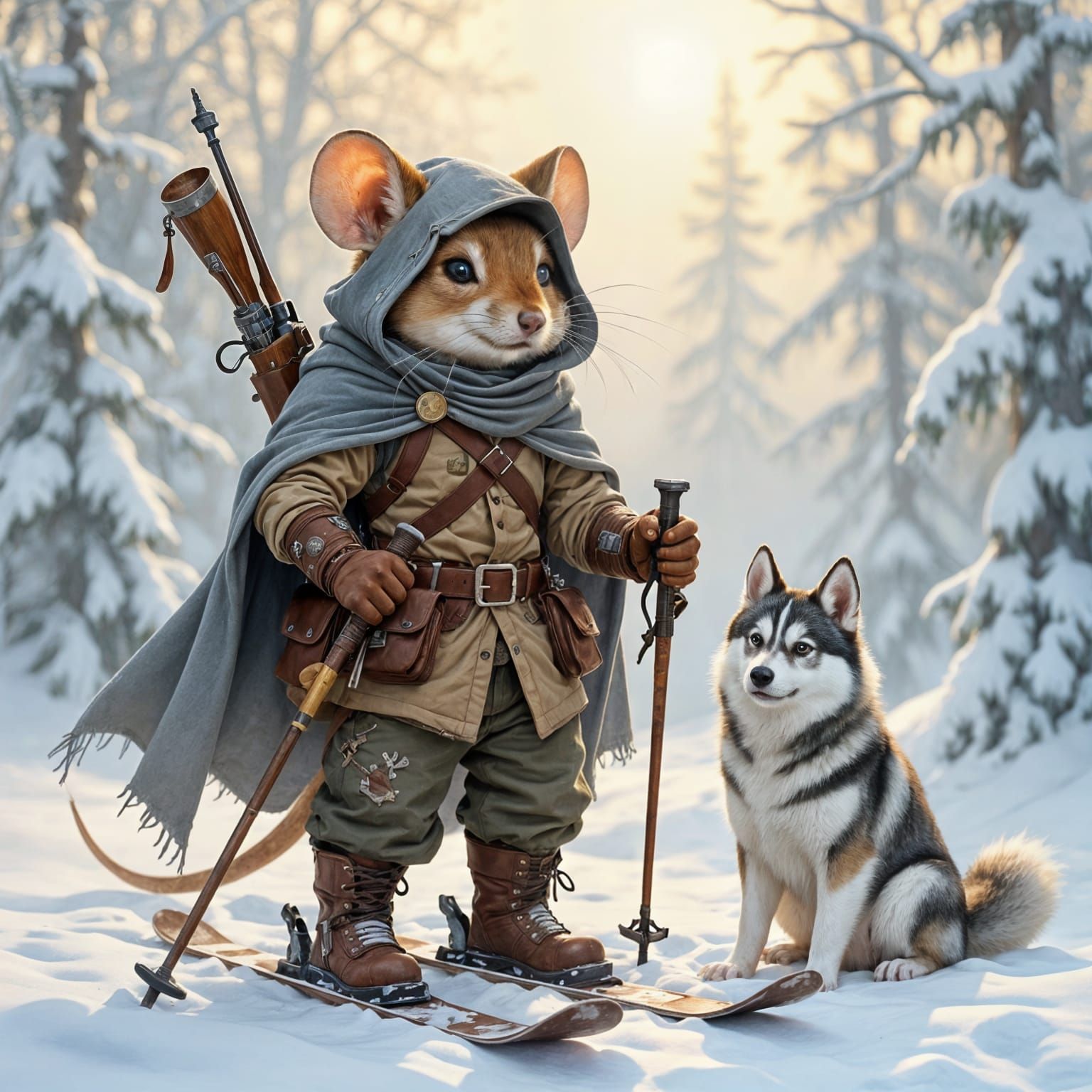 A highly detailed anthropomorphic mouse in shabby clothes, with a grey cape on his back and head, boots ...  by @Zhopen