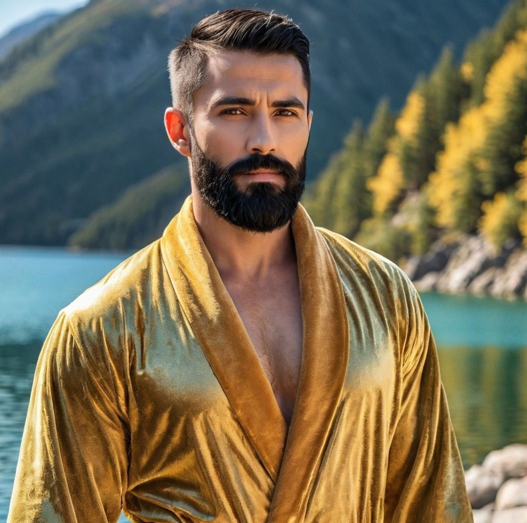 A  handsome  young man  with   black    hair and beard weari...