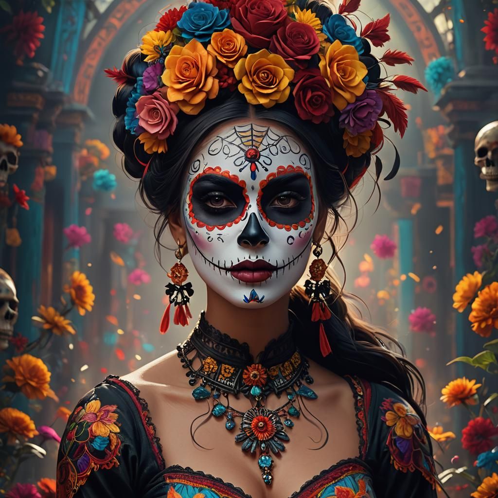 Medium shot of a beautiful woman wearing colorful Día de los...