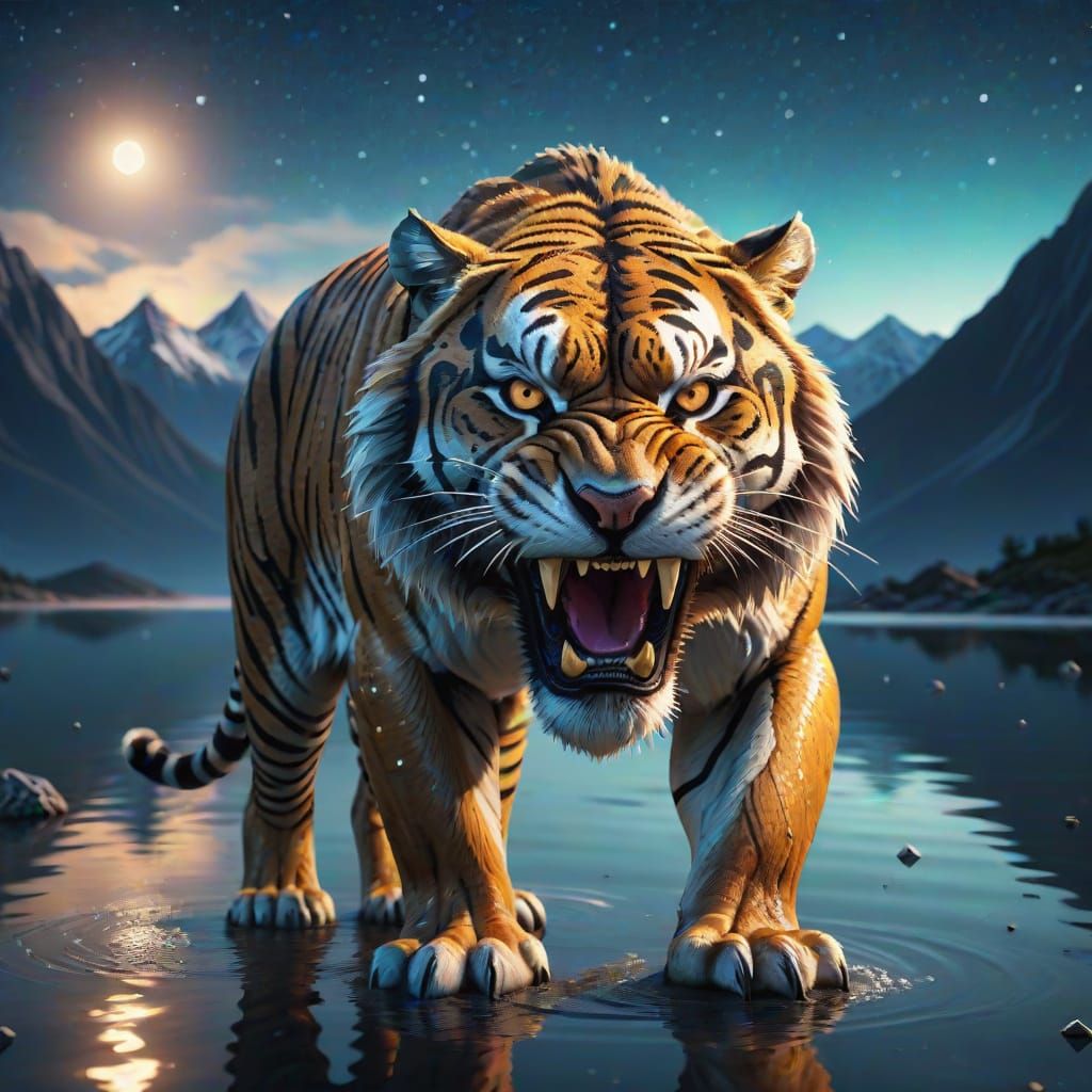 Majestic Hyperealistic Tiger Illuminated by Nighttime Ocean