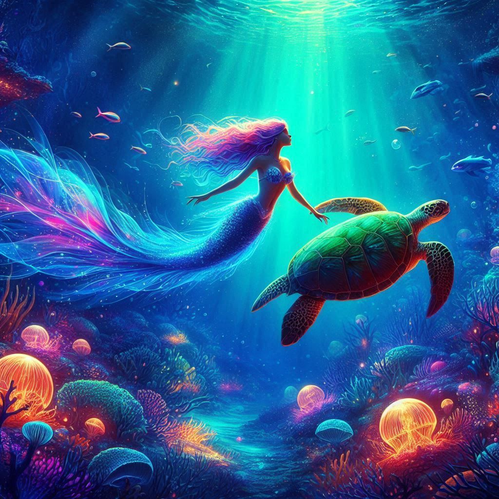 mermaid and sea turtle swimming together