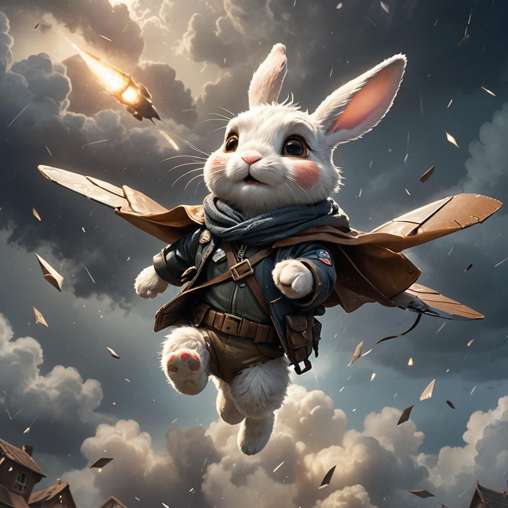 Bunny Pilot Soaring Through Stormy Skies