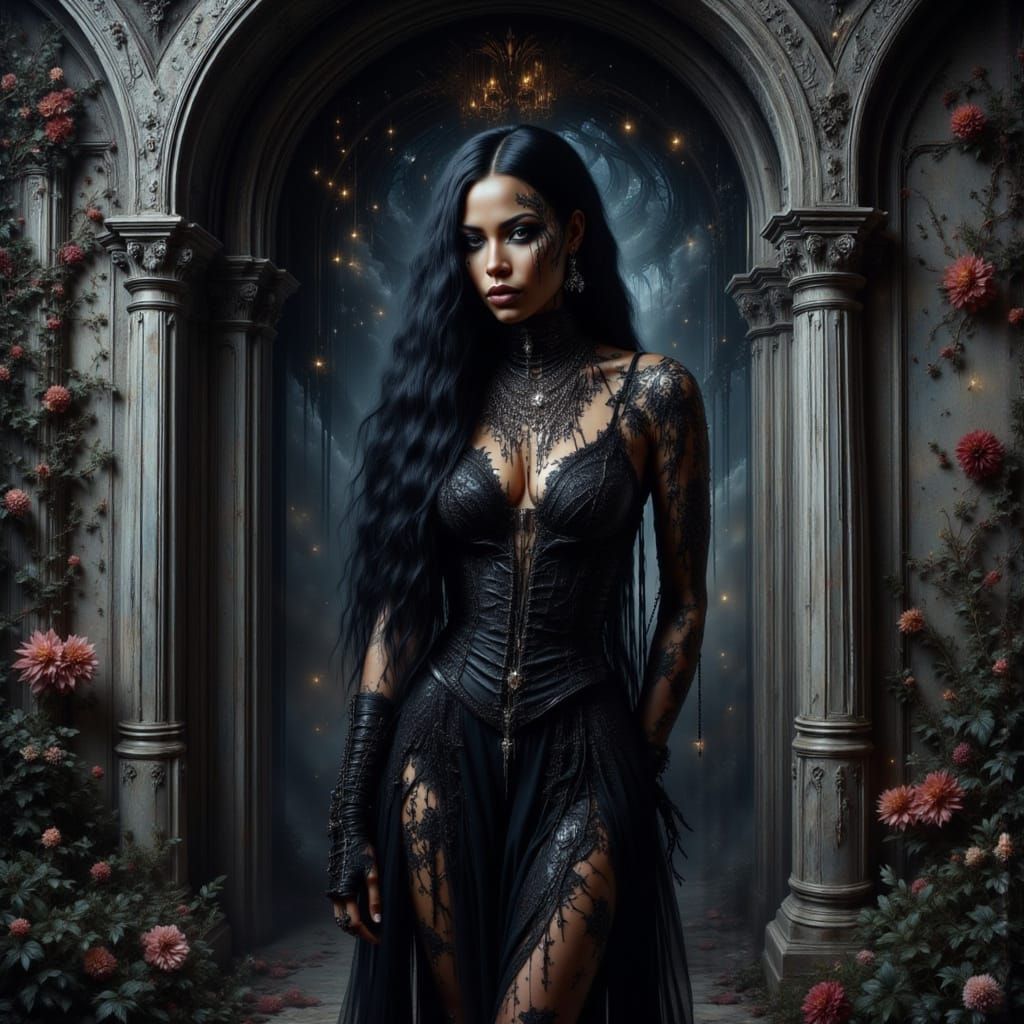 <lora:-Omnious-:1.0> <lora:Outfit Intensity:1.0> Intricate painting of a black African woman in a leather decorated goth dress, folded leath...