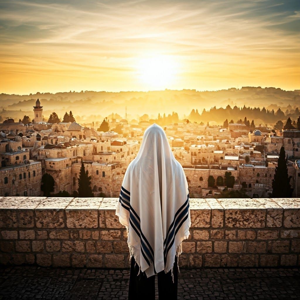 Man in Traditional Tallit Amidst Jerusalem's Ancient Rooftop...