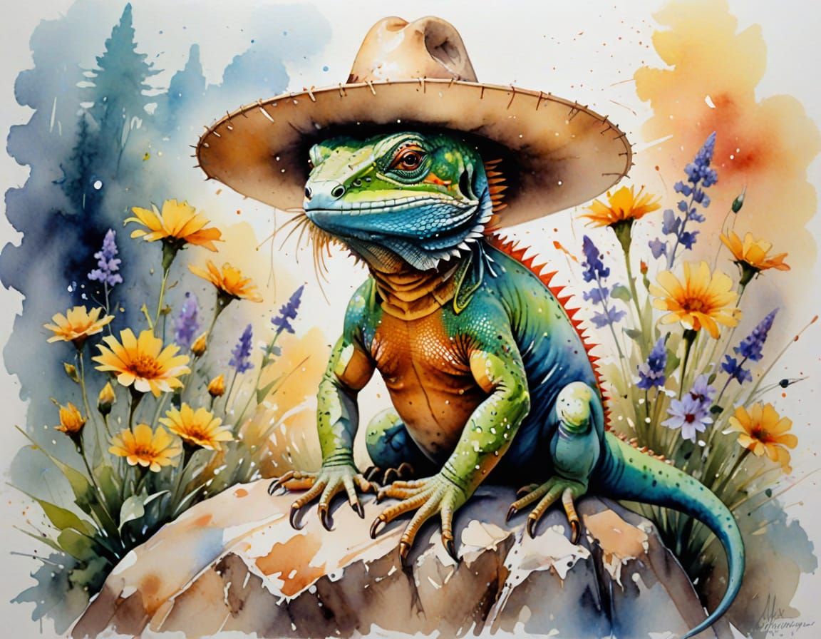 Lizard in a sombrero sitting on a stone  by @AVA