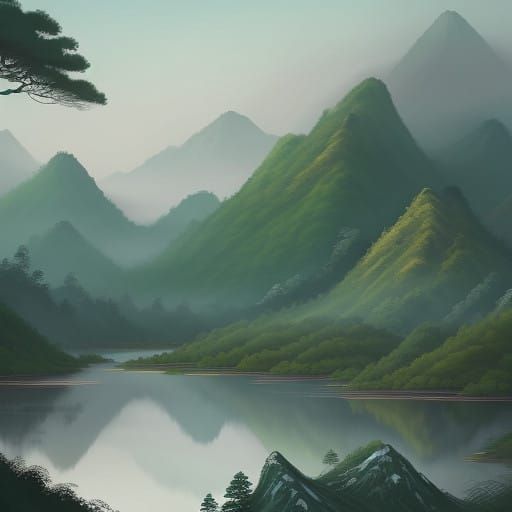Serene Chinese Mountain Landscape in Watercolor Brushstrokes