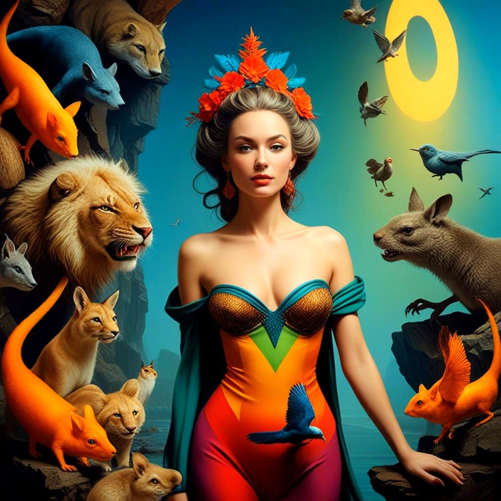 Charming Lady Surrounded by Whimsical Creatures