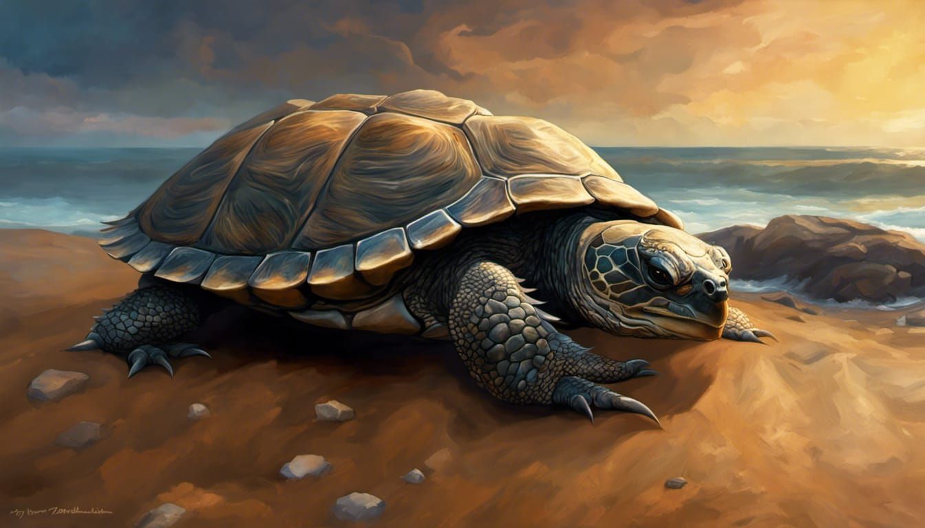 SDXL 1.0: dragon-turtle on the rocky ocean shoreline