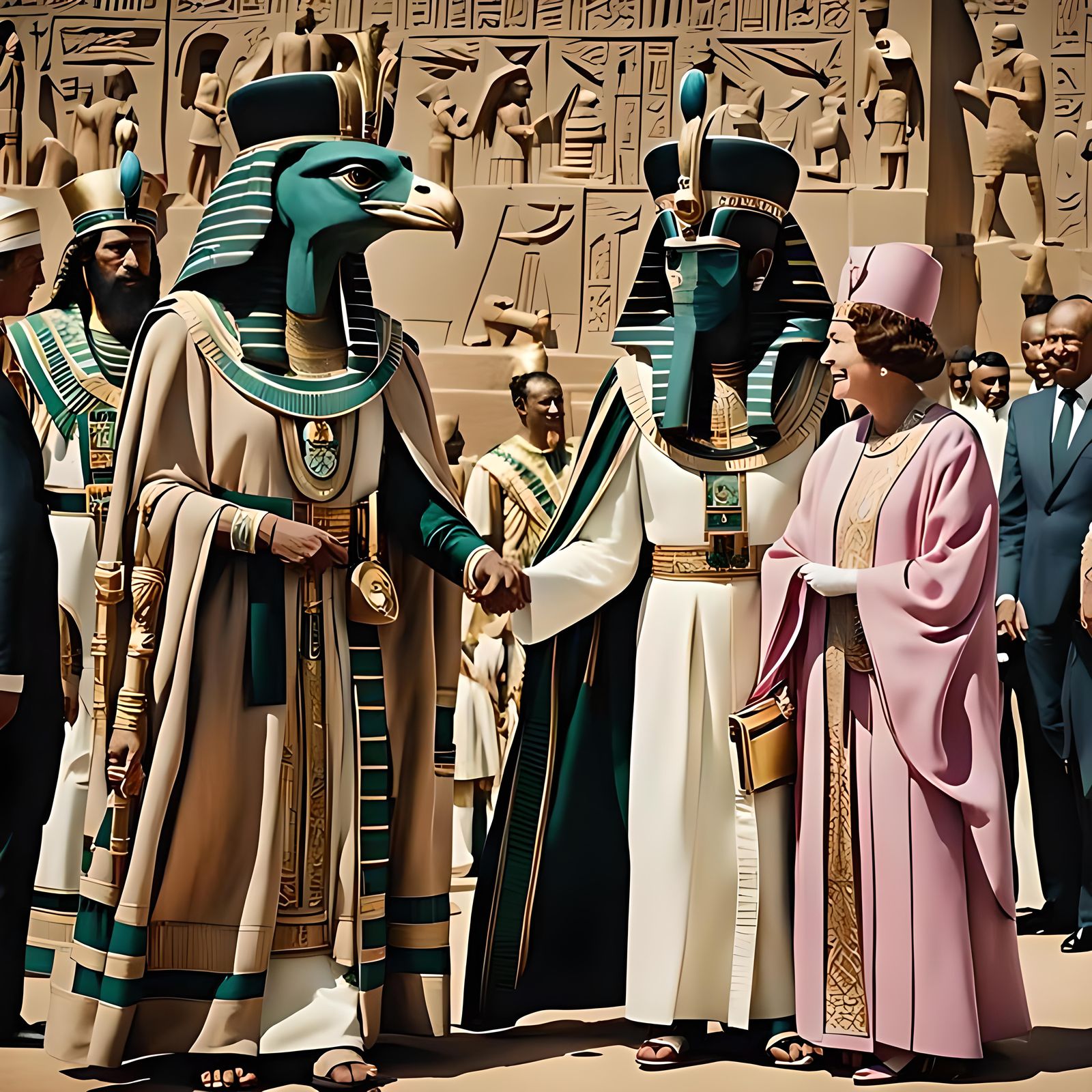 Queen Elizabeth II receives and welcomes the Egyptian god Horus  by @Iago Universe