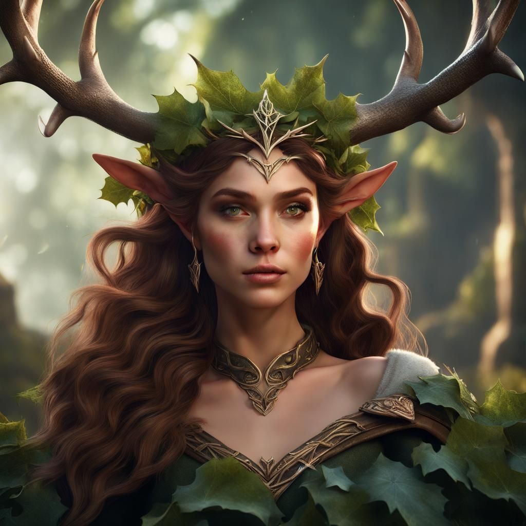 Magical Elf with Stag Horn Crown: Fantasy Art