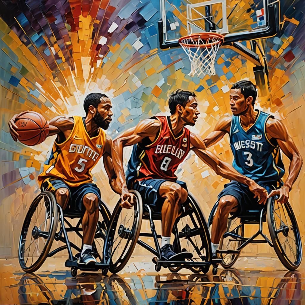 Paralympics: three wheelchair basketball players dynamic, basket, wheelchair only on one wheel in wild ...  by @Drago