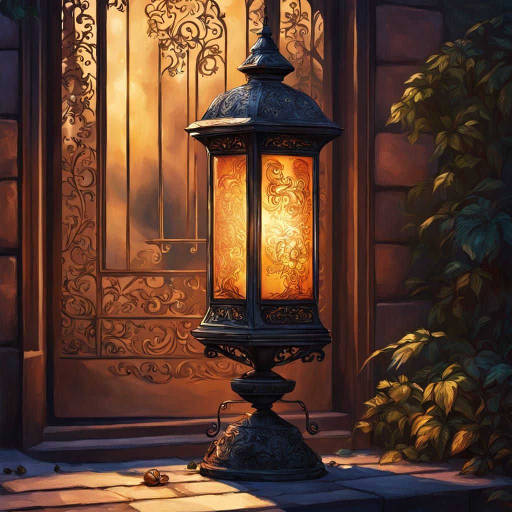 an ornately decorated lantern standing near a door casting shadows on the side walk.  by @LadyBecky