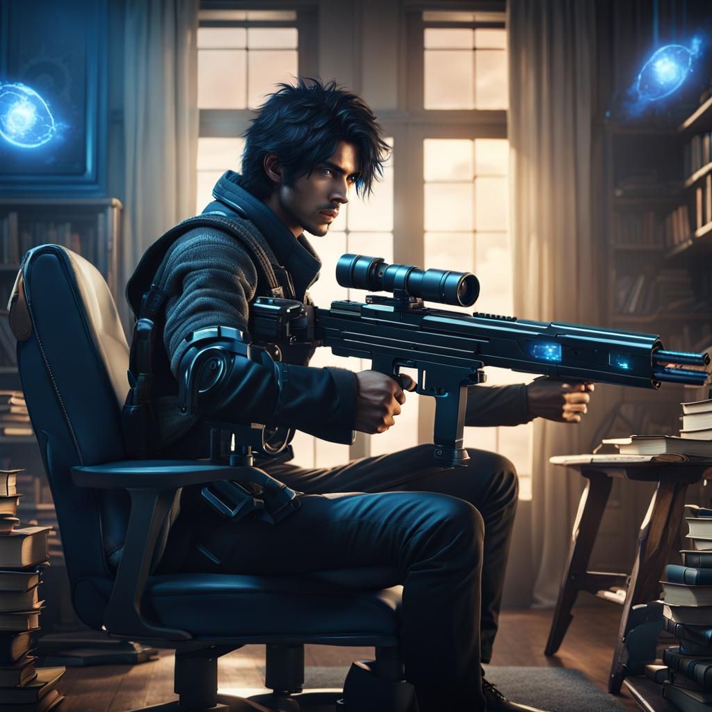 A young man with shaggy black hair and blue eyes holding a futuristic