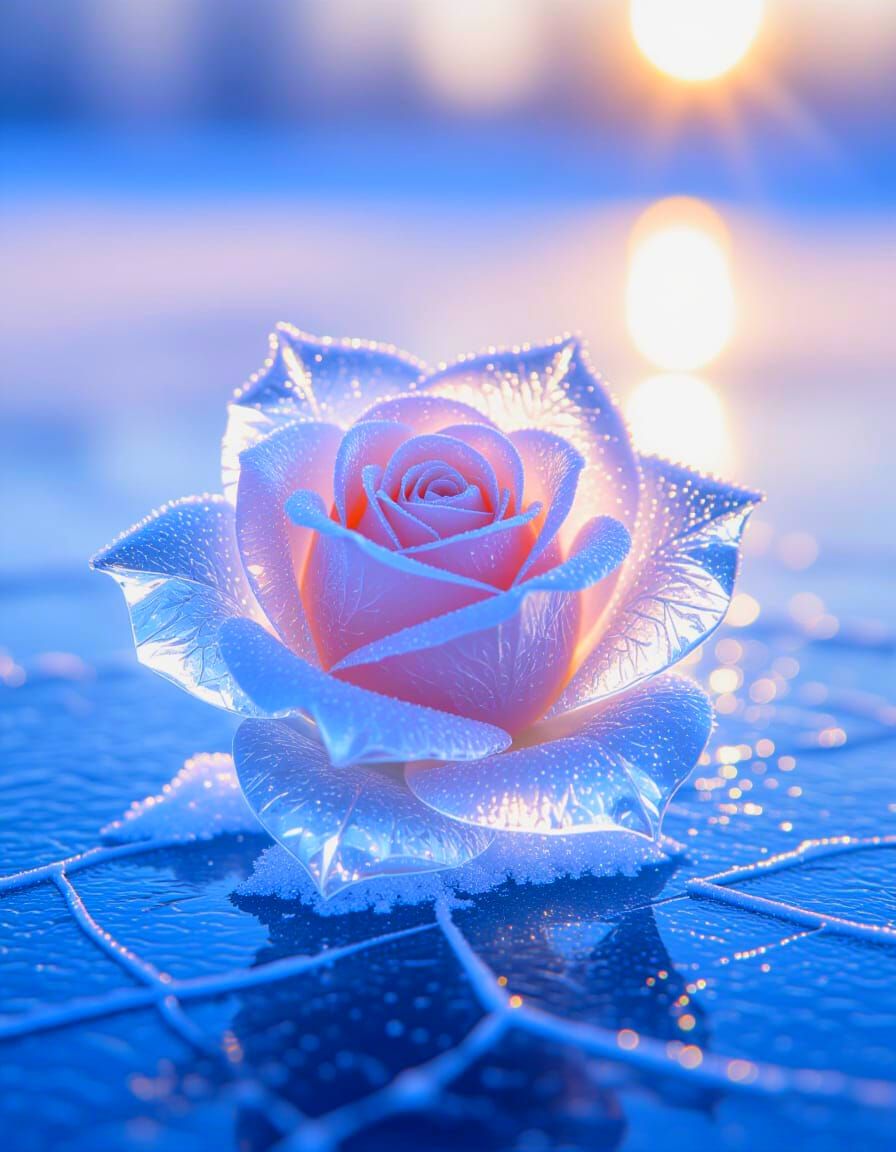 Frozen Rose Sculpture 🌹🧊
Photorealistic ice sculpture of a rose with frost, on a frozen lake at dawn. ...  by @Hugo Raul