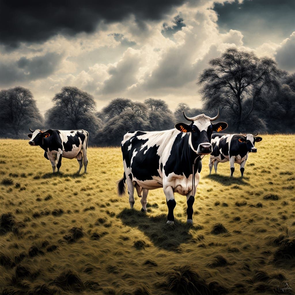 Cows in a field, intricate details, HDR, beautifully shot, hyperrealistic, sharp focus, 64 megapixels, perfect composition, high contrast, c...
