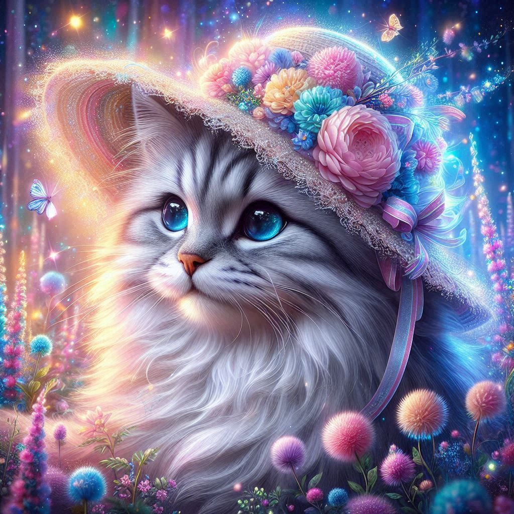 Beautiful fluffy silver cat with a hat!