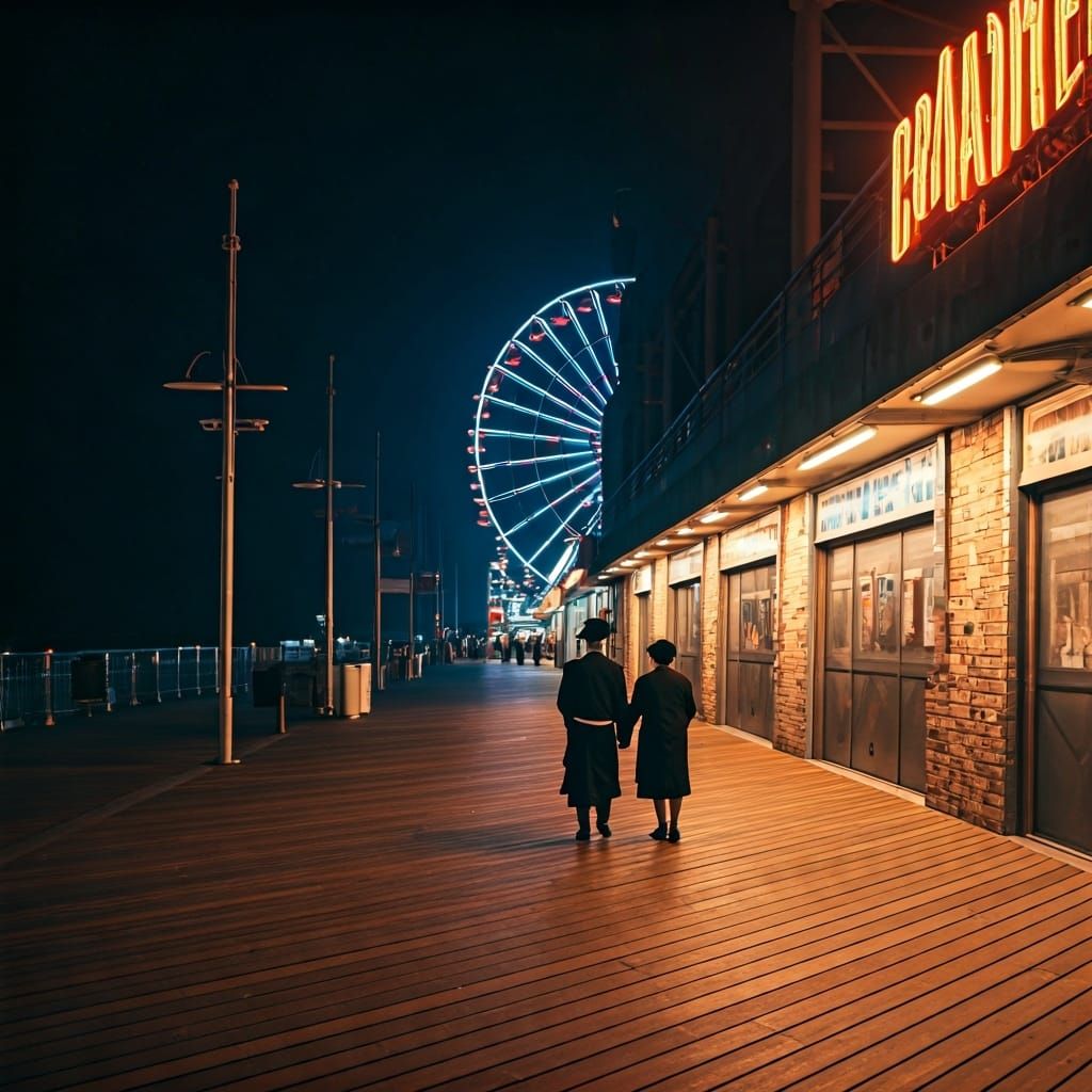 Night Boardwalk Scene with Haredi Couple