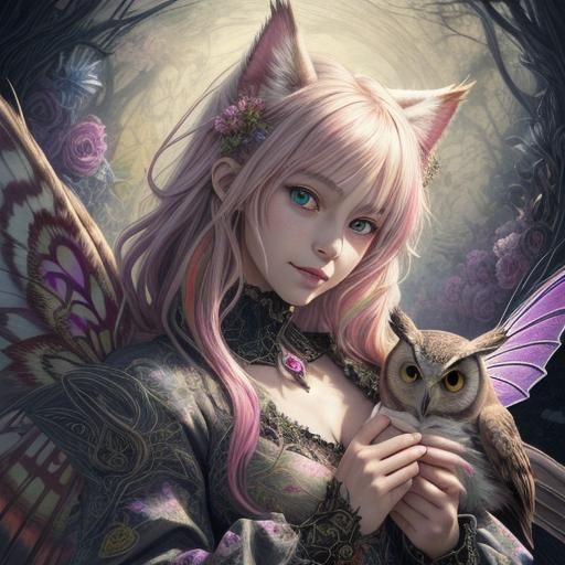 Fantasy Owl Portrait with Cat Eyes