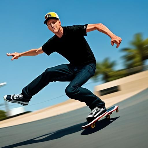 Tony Hawk making his signature move, sharp focus, hyper real 