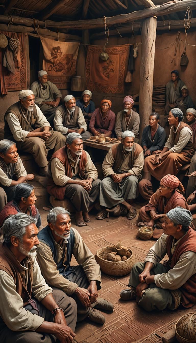 small village, villagers, sitting on floor, village meeting,...