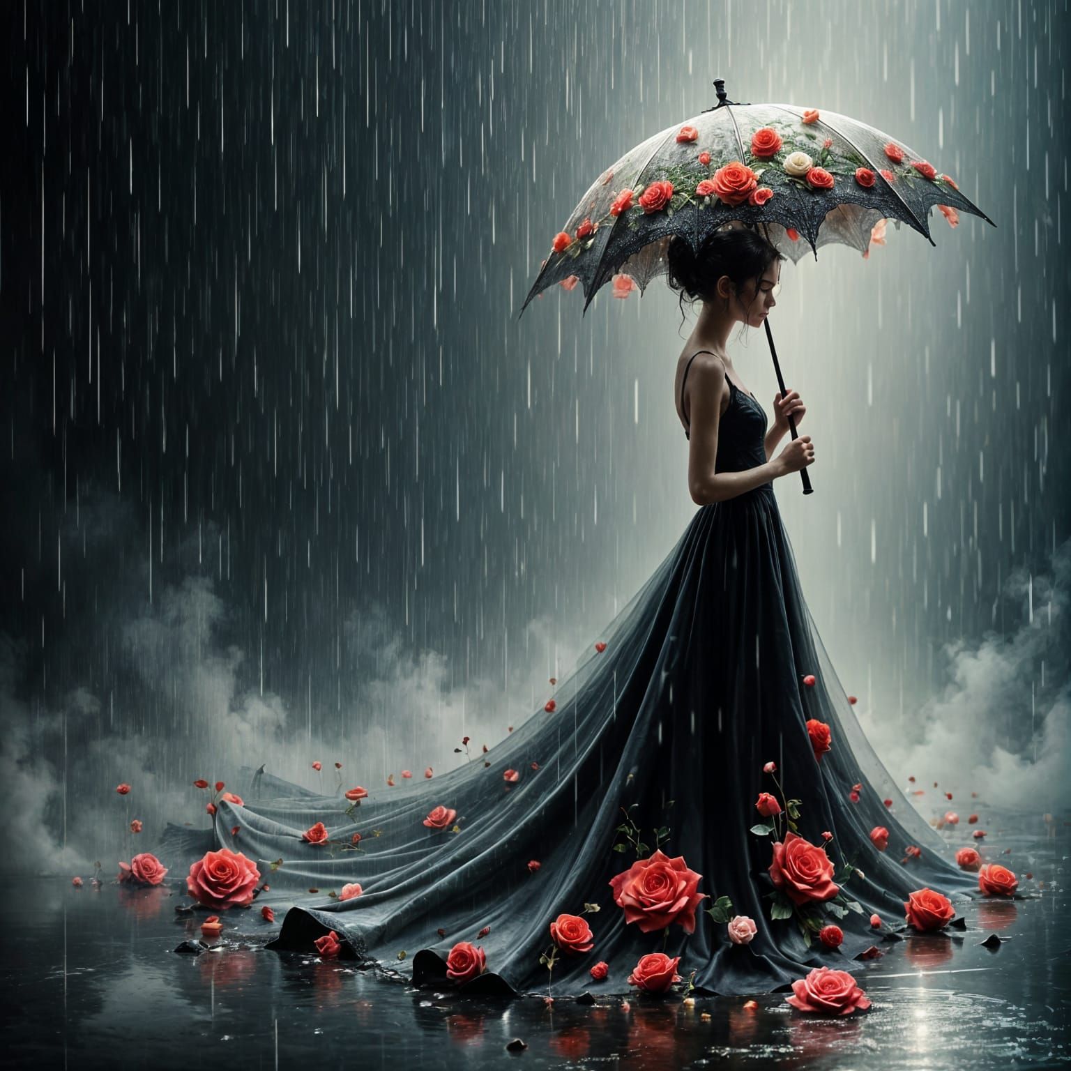 Elegant Woman in Rain with Roses, Impasto Oil Painting