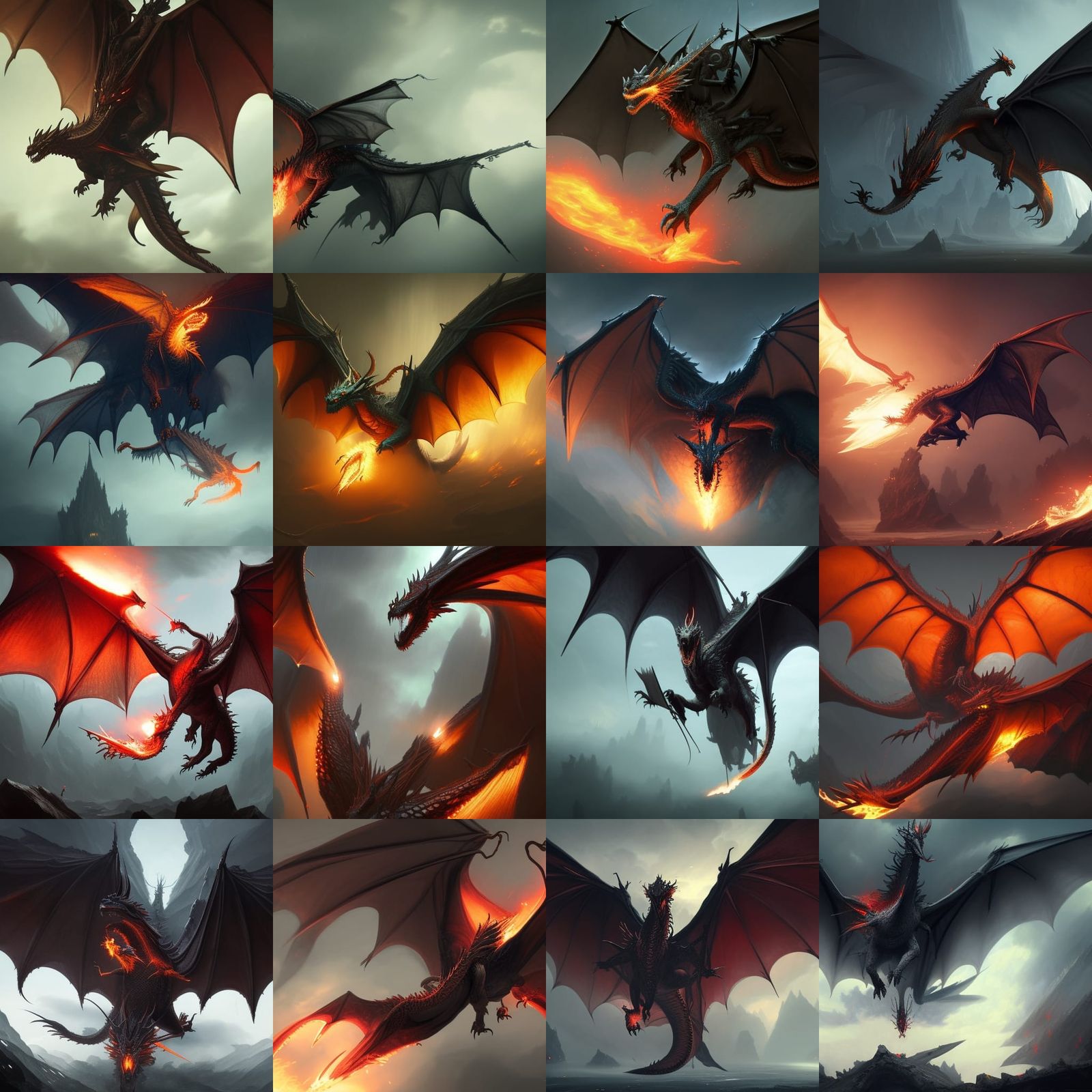 dragon, large wings, breathing fire