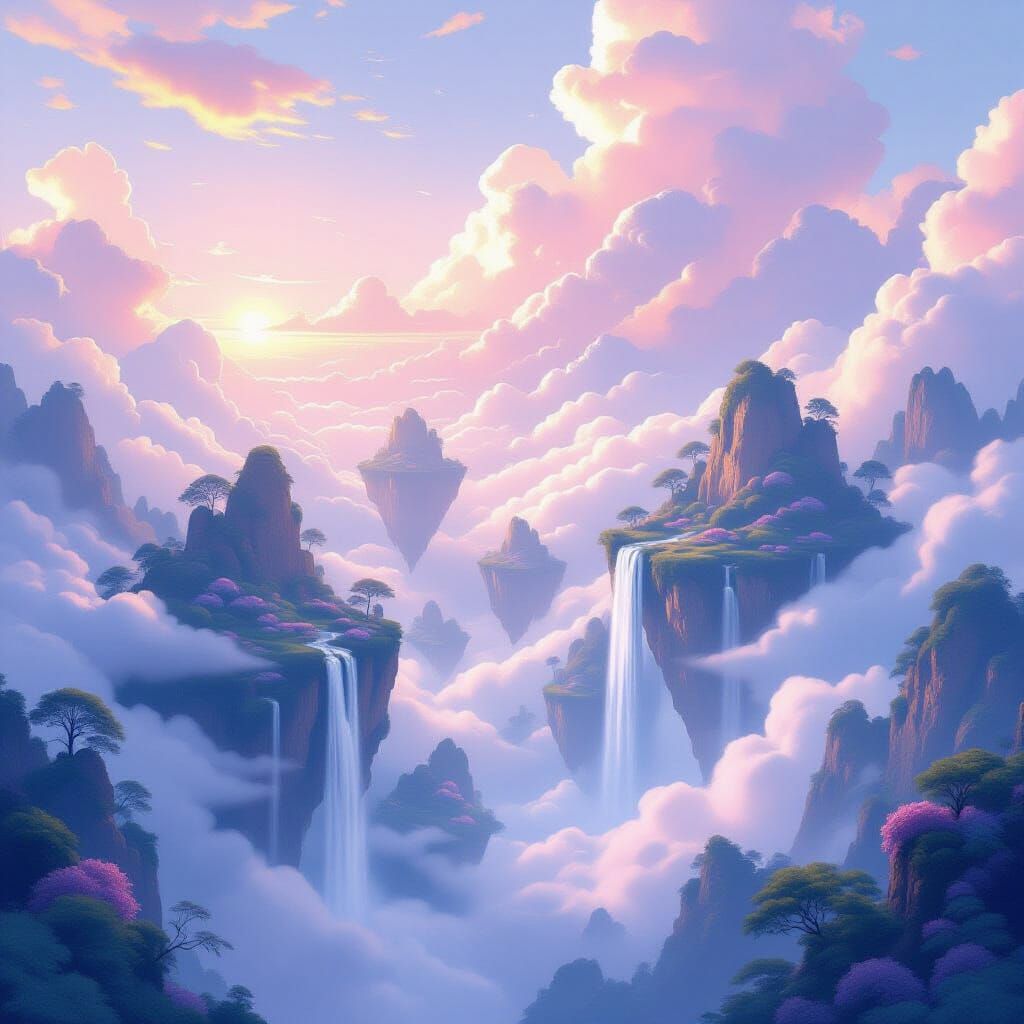 A serene, ethereal landscape where islands float in the sky 2