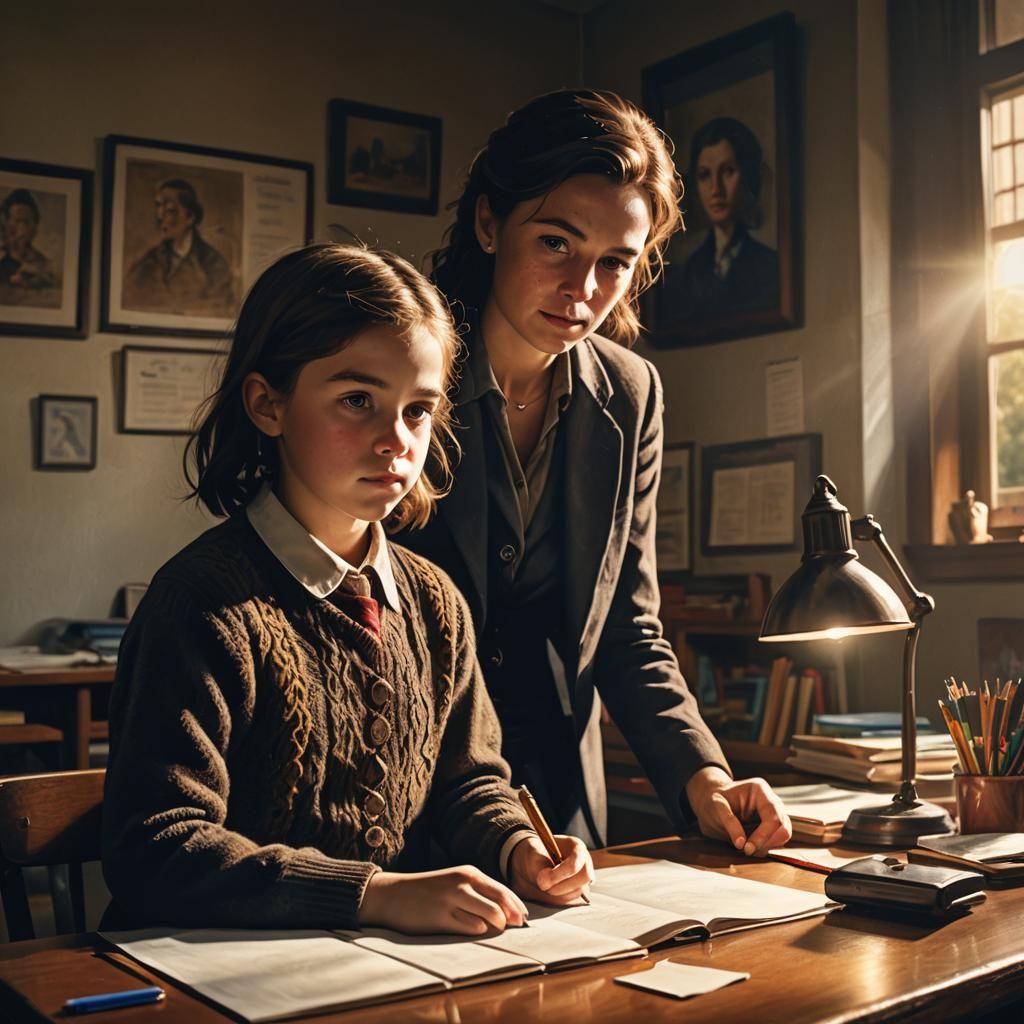 Child is sitting at a desk. A female teacher stands close behind him.