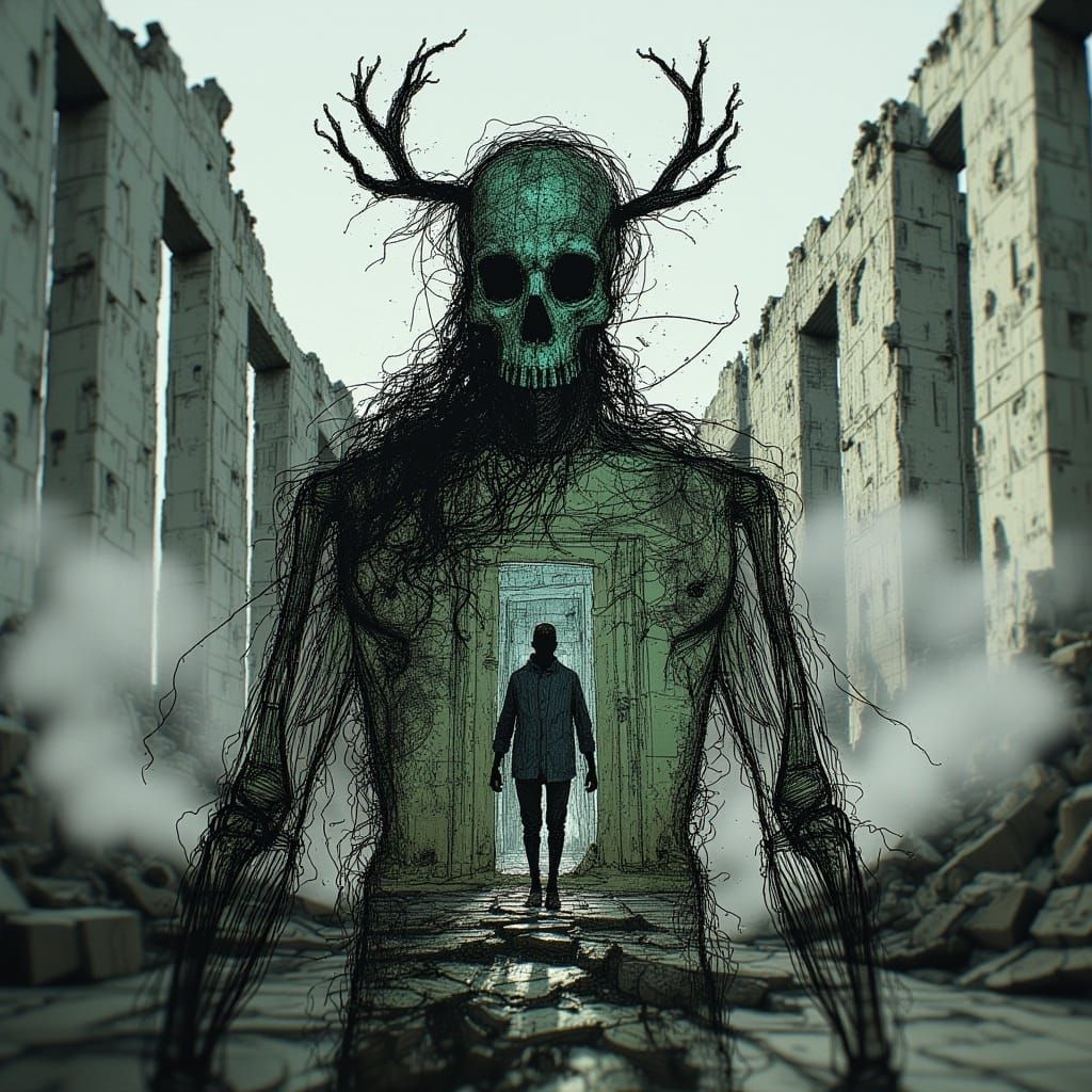 <lora:FolkDrawFlux:1.0> surreal double exposure portrait of an ethereal skeleton and crumbling rococo cityscape, chaos and fear, determinati...