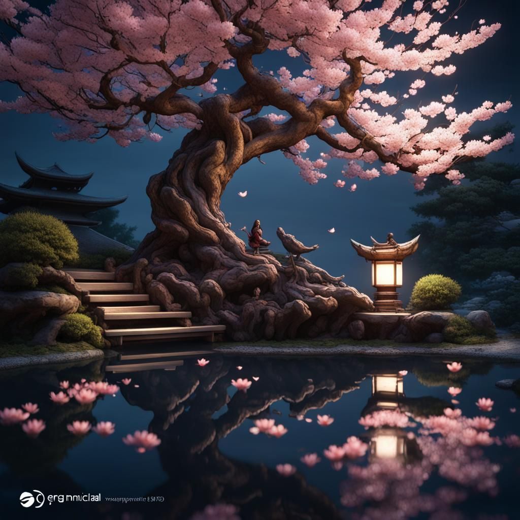 Zen Garden with Cherry Blossoms in Dark Fantasy Style