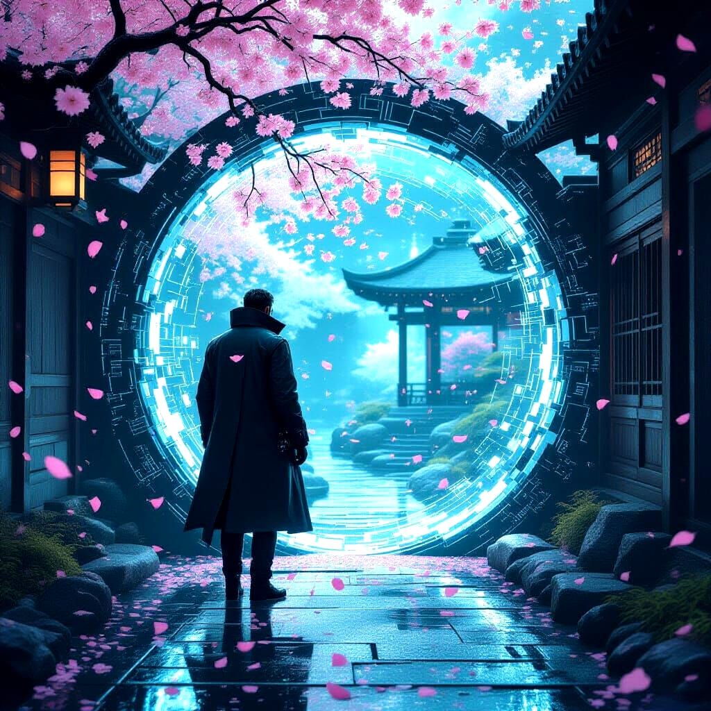 A futuristic cyberpunk detective stands in a dimly lit alleyway, emerging from a shimmering portal that leads to a tranquil, ancient Zen gar...