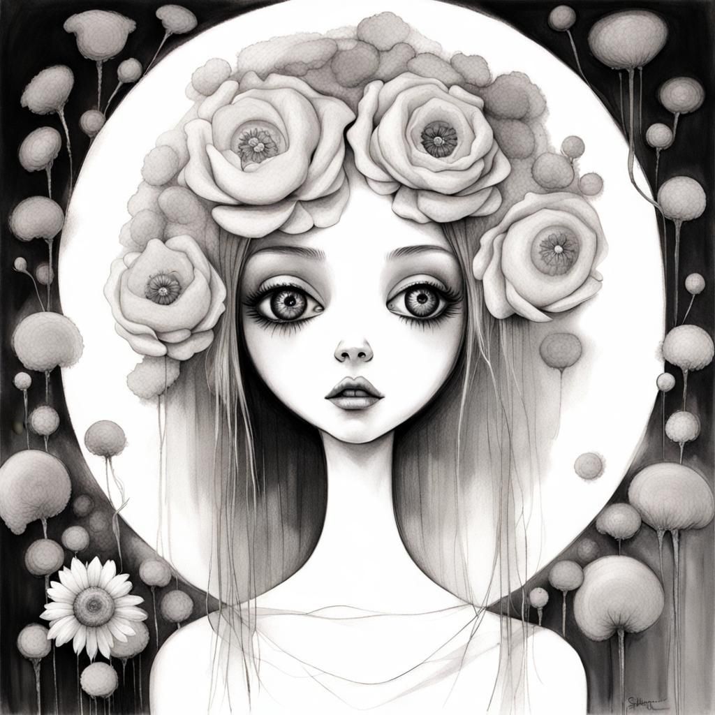 Cute girl with flowers in line art style by Tim Burton AI