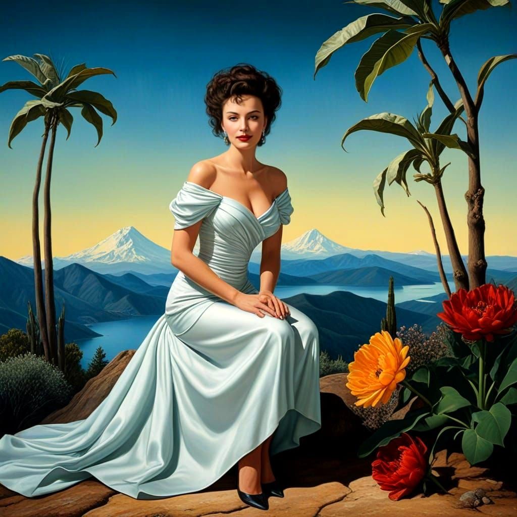 Happy Mature Lady in Surreal Mountain Landscape