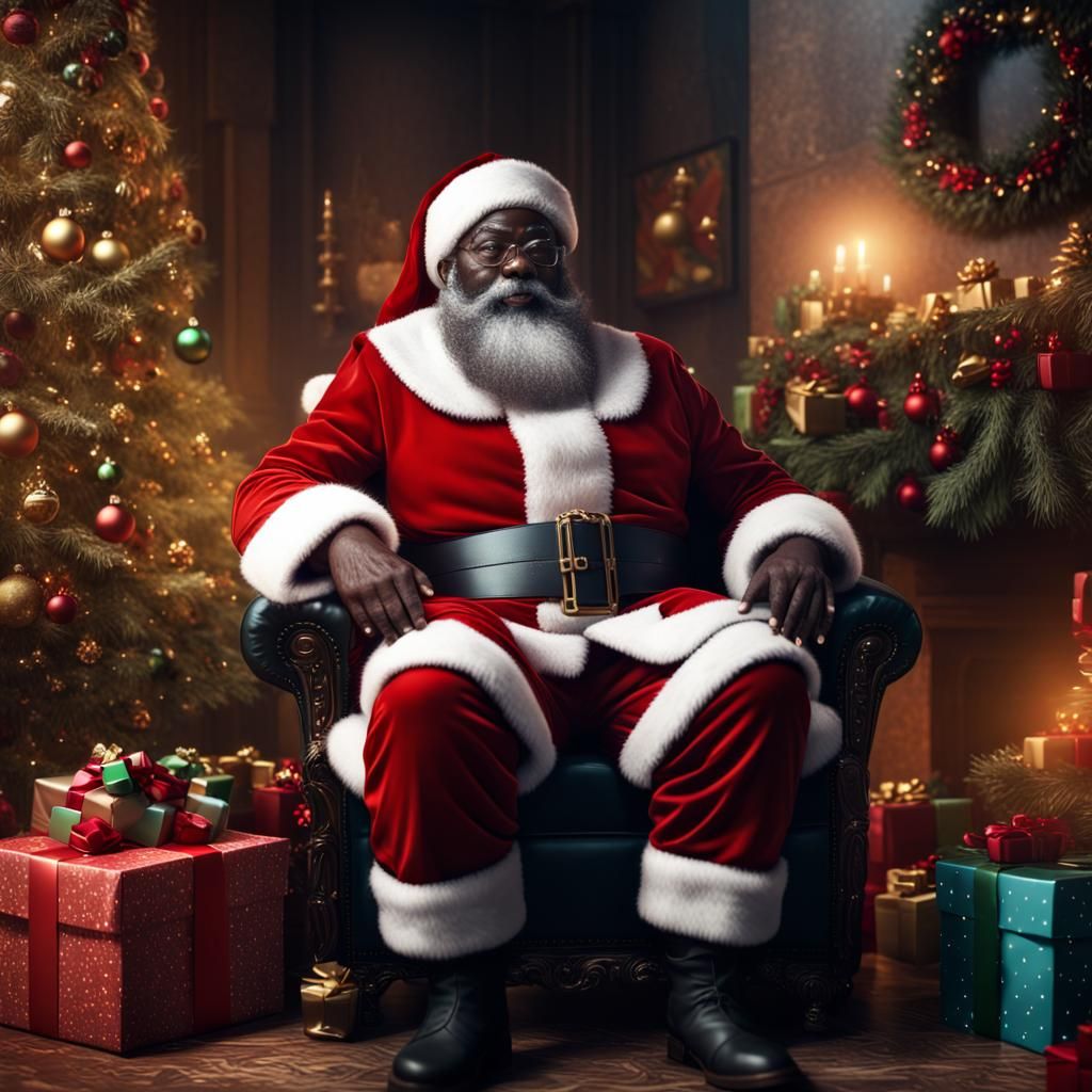 Black santa claus sitting in front of christmas tree gifts are all